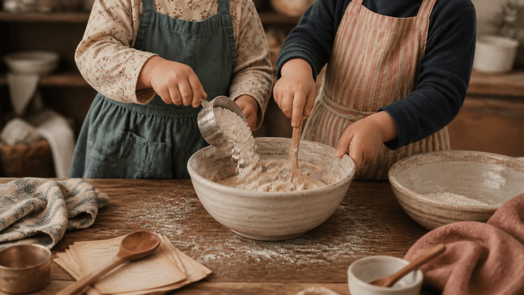 Children baking together at a rustic table, shown from the neck down
